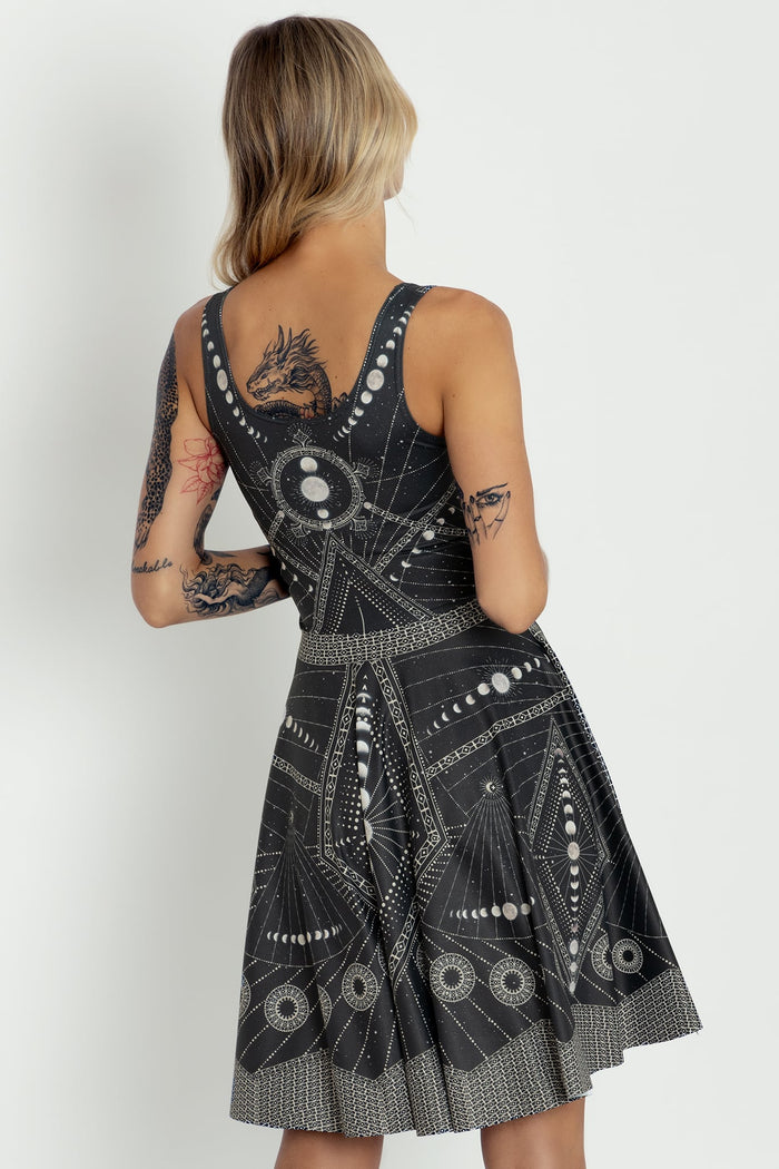 Moon Phases Longline Scoop Dress BlackMilk, black skater dress with moon phase and celestial pattern, scoop neckline and knee length fit and flare shape