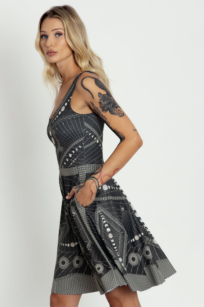 Moon Phases Longline Scoop Dress by BlackMilk, black celestial print dress with moon cycle artwork, scoop neckline and flared skirt silhouette