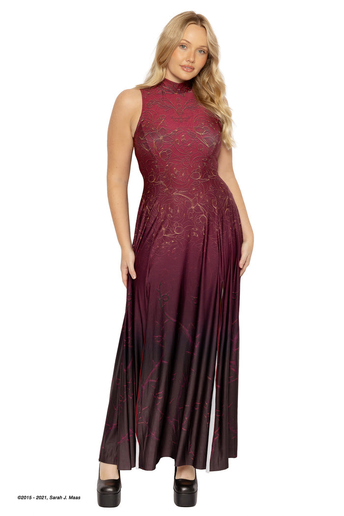 A Court of Thorns and Roses Mor inspired maxi dress, ACOTAR split dress by Sarah J Maas with crimson to black gradient, gold accents, high neck and flowing silhouette with front splits, dramatic fantasy outfit