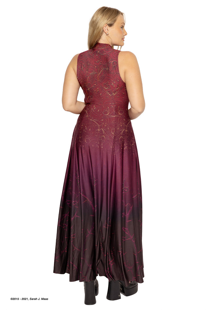 Sarah J Maas ACOTAR Mor Overcomes split maxi dress, A Court of Thorns and Roses inspired gown with ombre crimson tones, silky fabric, high neckline and front splits, bold fantasy fashion look