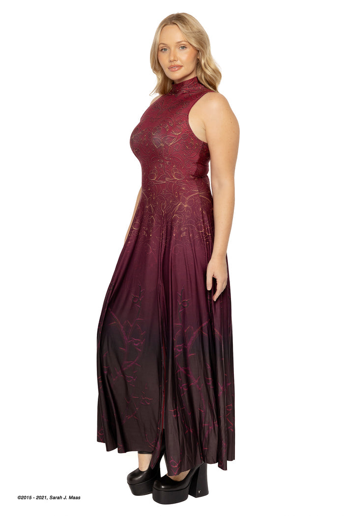 ACOTAR books inspired Mor maxi dress, A Court of Thorns and Roses series gown by Sarah J Maas with red to black ombre, gold accents, high neckline and flowing skirt with splits, elegant fantasy outfit
