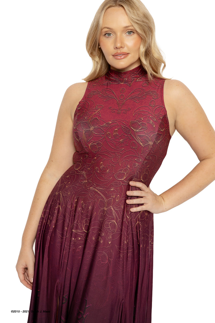 A Court of Thorns and Roses series Mor Overcomes dress, ACOTAR maxi dress by Sarah J Maas with crimson gradient fabric, front splits, high neckline and soft drape, dramatic fantasy eveningwear