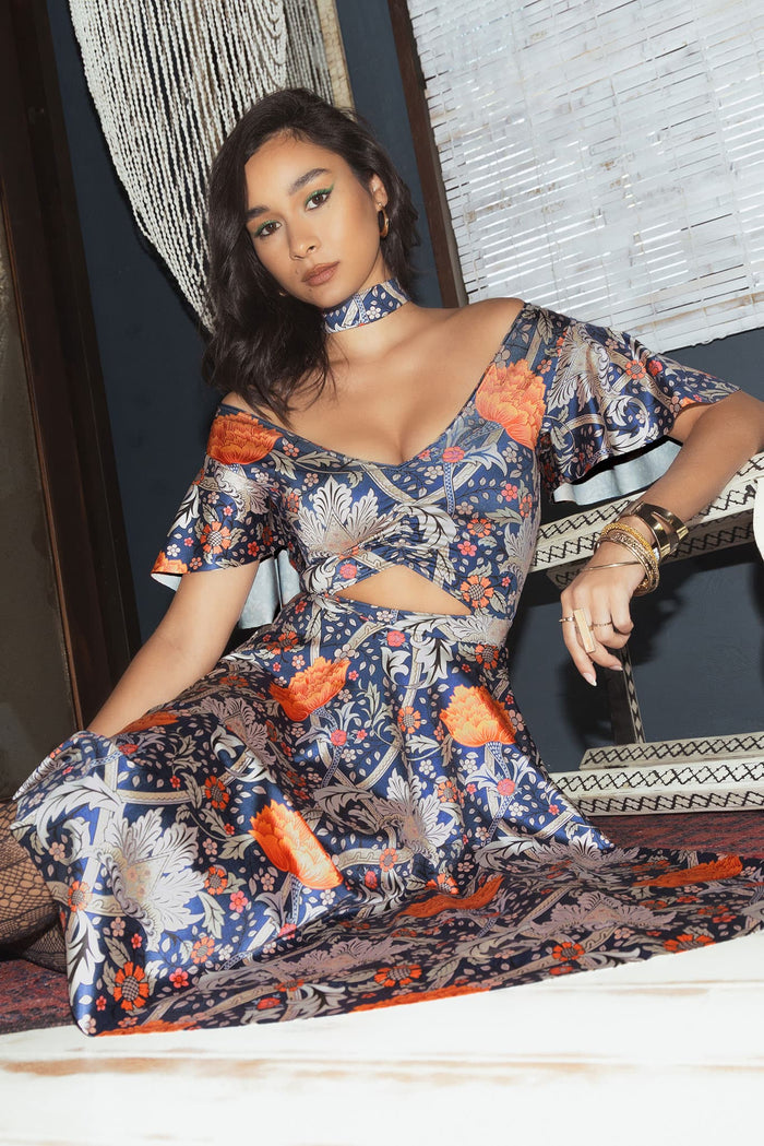 BlackMilk Clothing - Morris Blue And Orange Rio Midi Dress