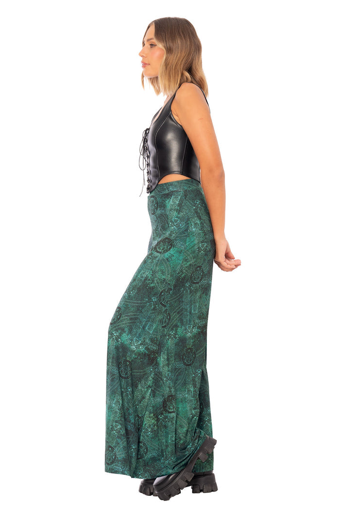 Moss Maiden Palazzo Pants front studio image showing flowing full length silhouette and dark fantasy print