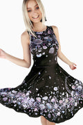 Mother Of Pearl Velvet Princess Longline Dress by BlackMilk Clothing featuring black velvet fabric with pastel floral and celestial print, sleeveless fitted bodice and flared longline skirt