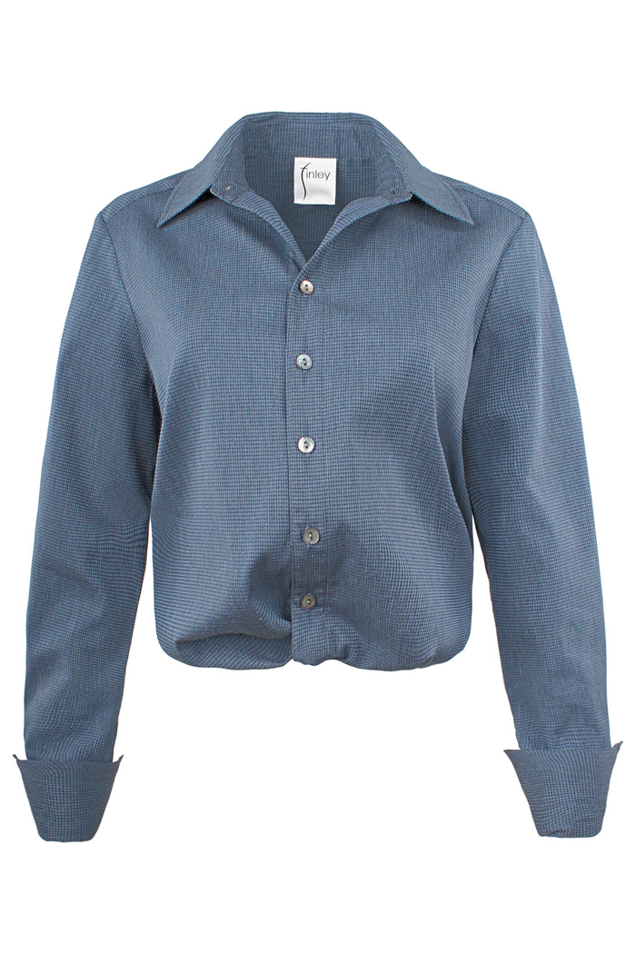 Blue patterned shirt on a white background