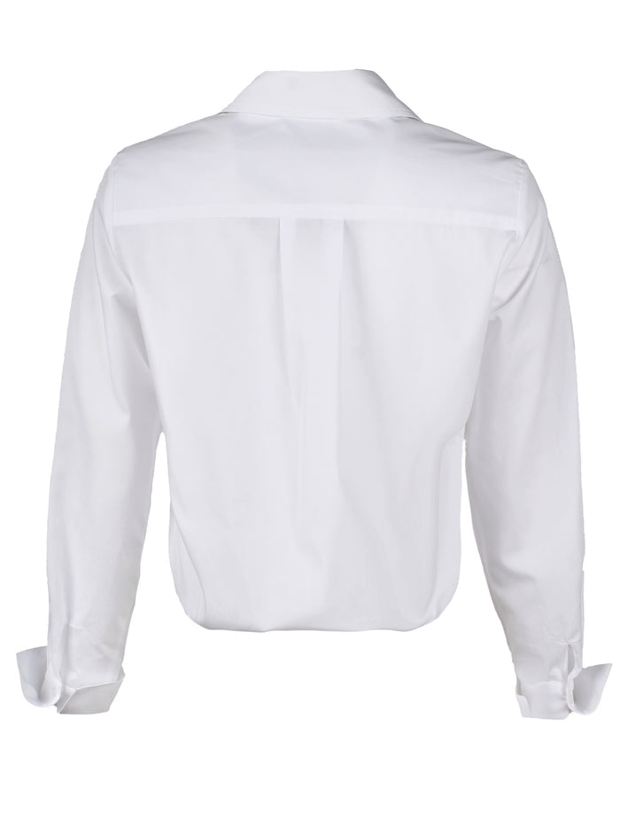 A back view of the Moxie shirt, made from vegan leather in ivory, featuring a front-twist elasticized hem, cropped fit, and long sleeves.