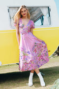 My Melody and Kuromi Merchandise - Official Sanrio Products - Licensed Apparel - Kawaii Fashion - Women's Pastel Pink Floral Midi Maxi Dress