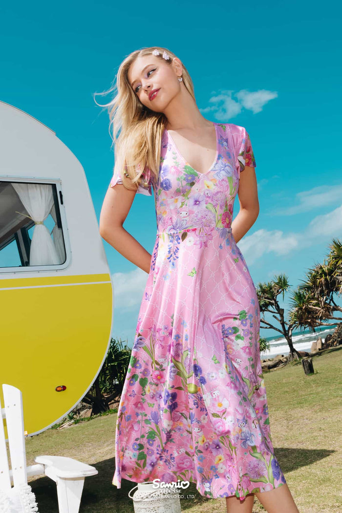 My Melody and Kuromi Merchandise - Official Sanrio Products - Licensed Apparel - Kawaii Fashion - Women's Pastel Pink Floral Midi Maxi Dress