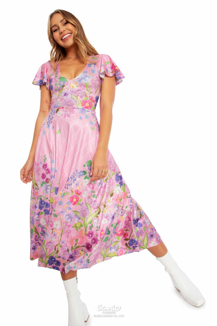My Melody and Kuromi Merchandise - Official Sanrio Products - Licensed Apparel - Kawaii Fashion - Women's Pastel Pink Floral Midi Maxi Dress