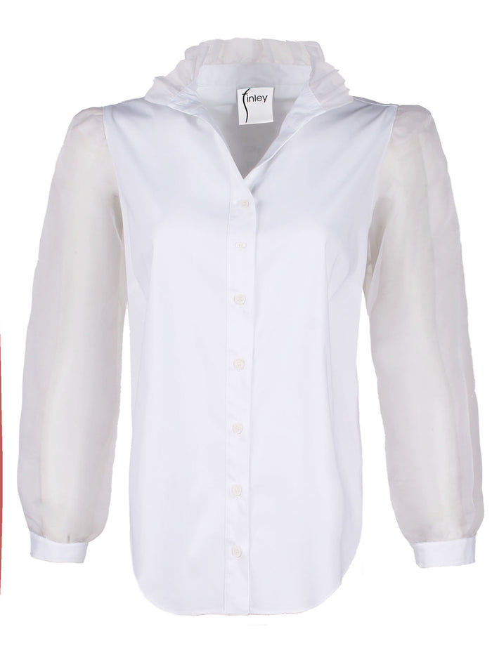 A front view of the Mystie long sleeve shirt highlighting the high collar with ruffle neckline trim, silk organza sleeves, and white poplin in a relaxed contour.