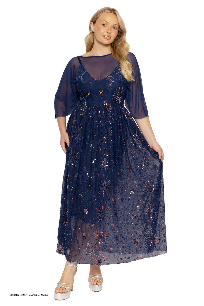 A Court of Thorns and Roses Starfall maxi dress, ACOTAR inspired navy sequin dress by Sarah J Maas with starburst pattern, sheer cape detail, layered mesh fabric and flowing silhouette, Night Court evening outfit