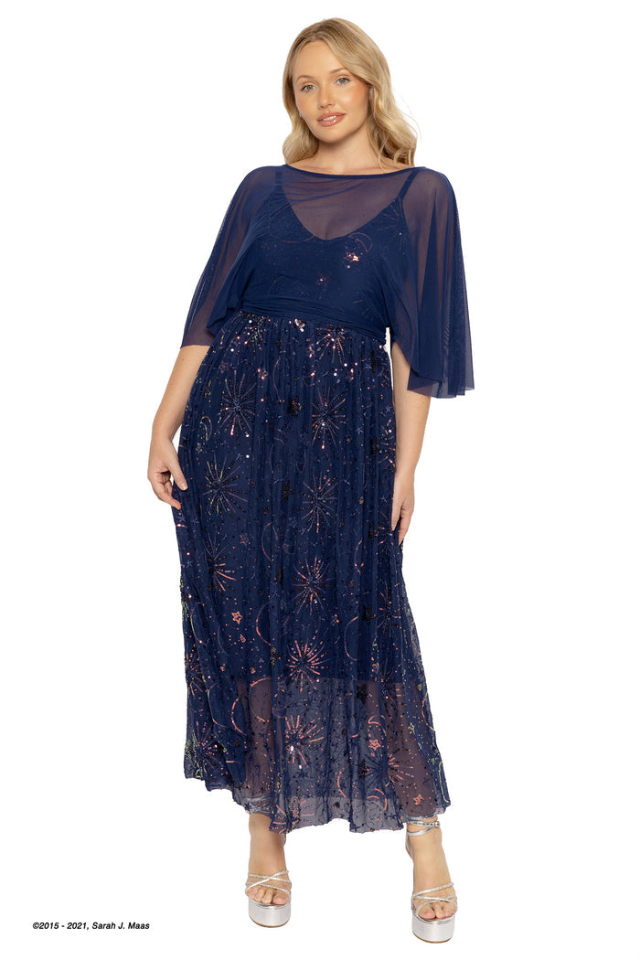 Navy starburst sequin maxi dress ACOTAR inspired, A Court of Thorns and Roses series gown by Sarah J Maas with sheer mesh layers, cape detail, V neckline and flowing silhouette, Night Court fantasy fashion piece