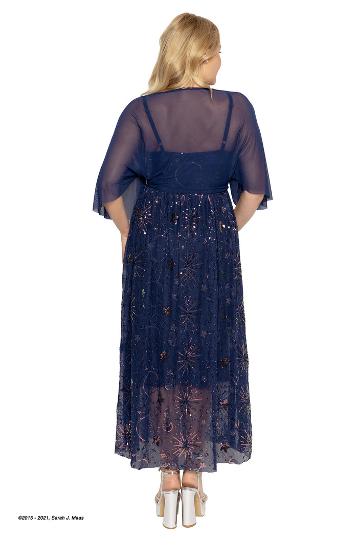 A Court of Thorns and Roses series Starfall dress, ACOTAR navy sequin maxi dress by Sarah J Maas with scattered starburst pattern, sheer cape overlay, adjustable straps and swishing layered skirt