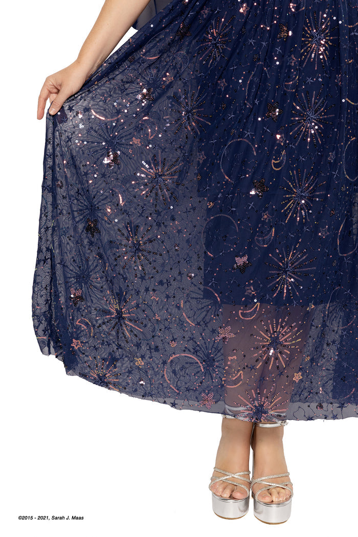 ACOTAR books inspired navy sequin Starfall maxi dress, A Court of Thorns and Roses series design by Sarah J Maas with shimmering star details, sheer mesh cape and flowing midaxi to maxi silhouette