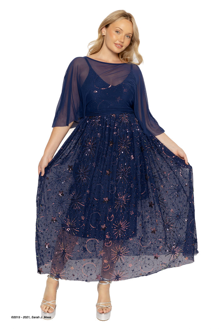 Sarah J Maas ACOTAR navy starburst sequin dress with cape, A Court of Thorns and Roses inspired maxi dress with sheer layers, star detailing, V neckline and elegant flowing shape, Night Court aesthetic
