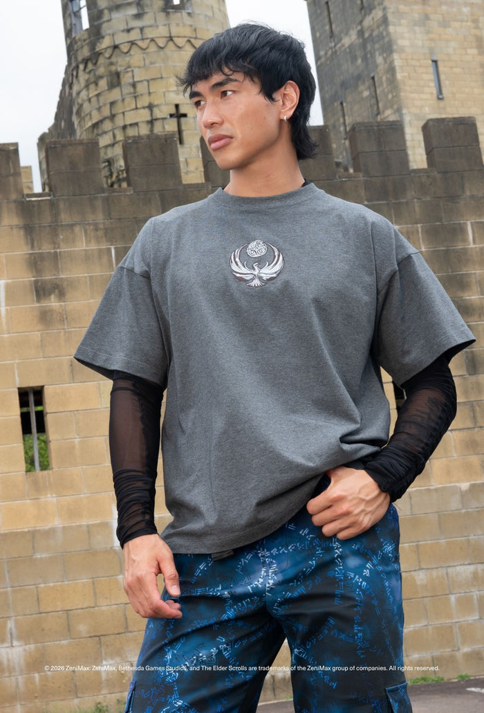 Nightingale Armour oversized grey tee with Nightingale crest graphic styled with cargo pants and mesh sleeves