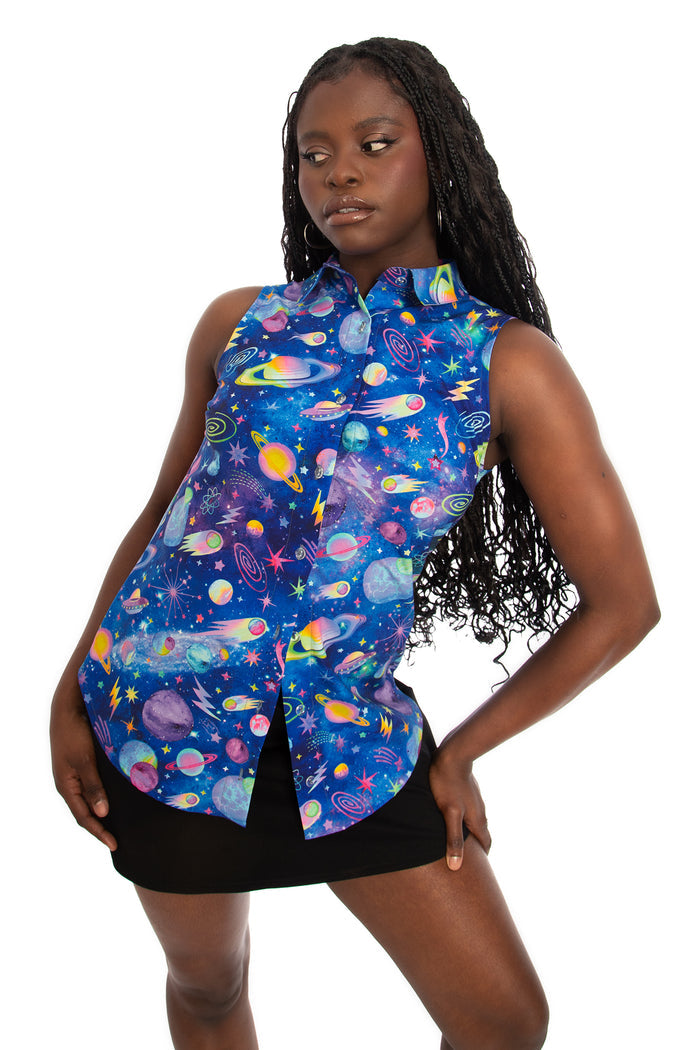Printed collared shirt with nostalgic retro artwork, designed for smart casual outfits, corporate styling, creative wardrobes and day-to-night versatility.