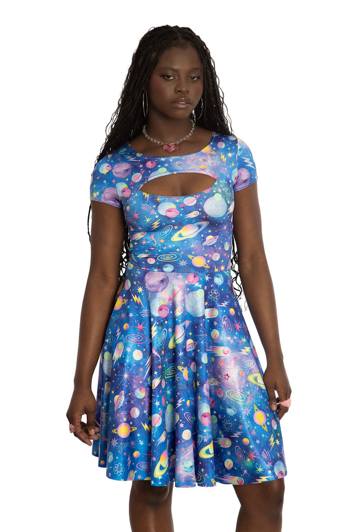 Stretch longline dress featuring Nineties Universe artwork, ideal for work-to-weekend styling, smart casual outfits and creative fashion lovers.