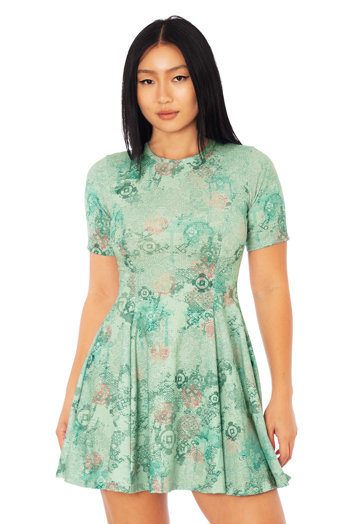 Avatar: The Last Airbender x BlackMilk Ba Sing Se inspired dress showing fitted tee style bodice and flared skirt, official licensed Avatar Earth Kingdom apparel