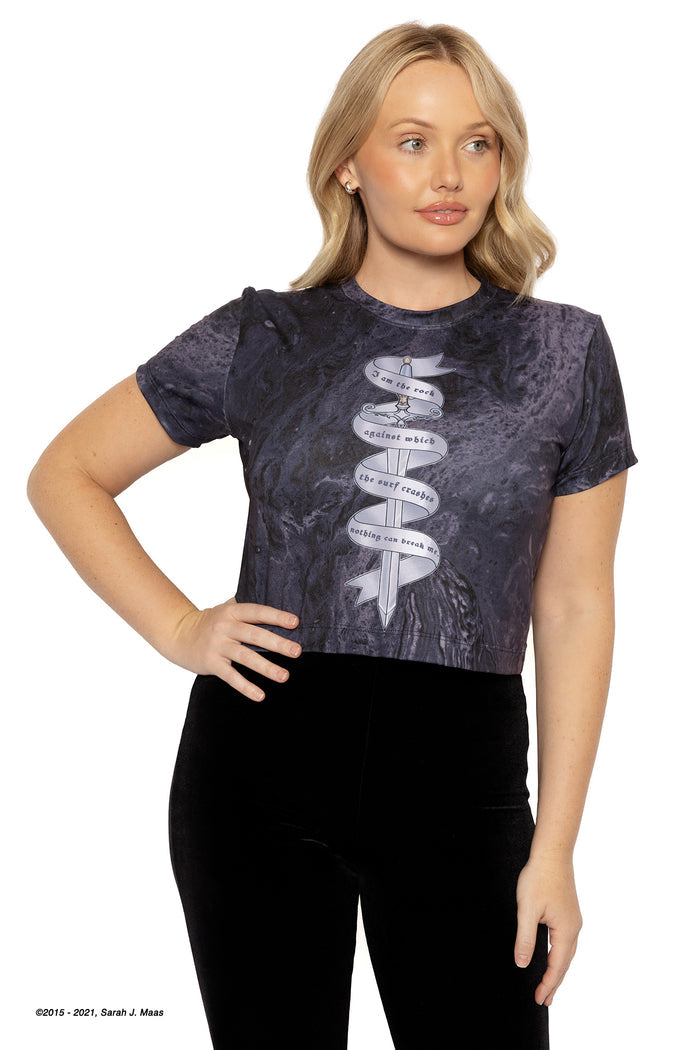 Nothing Can Break Me cropped t-shirt ACOTAR inspired, A Court of Thorns and Roses series baby tee by Sarah J Maas with Gwyneth quote print, cropped fit and soft fabric, fantasy fashion piece