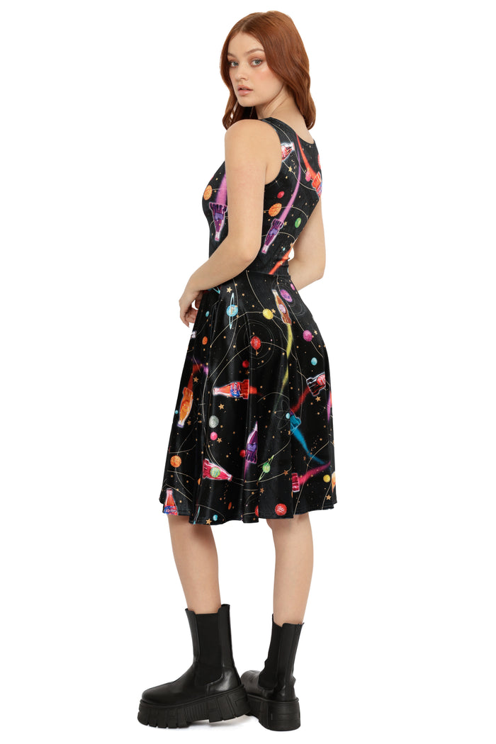 Fallout x BlackMilk velvet midi dress with vibrant outer space print and Nuka-Cola rockets orbiting colourful planets.