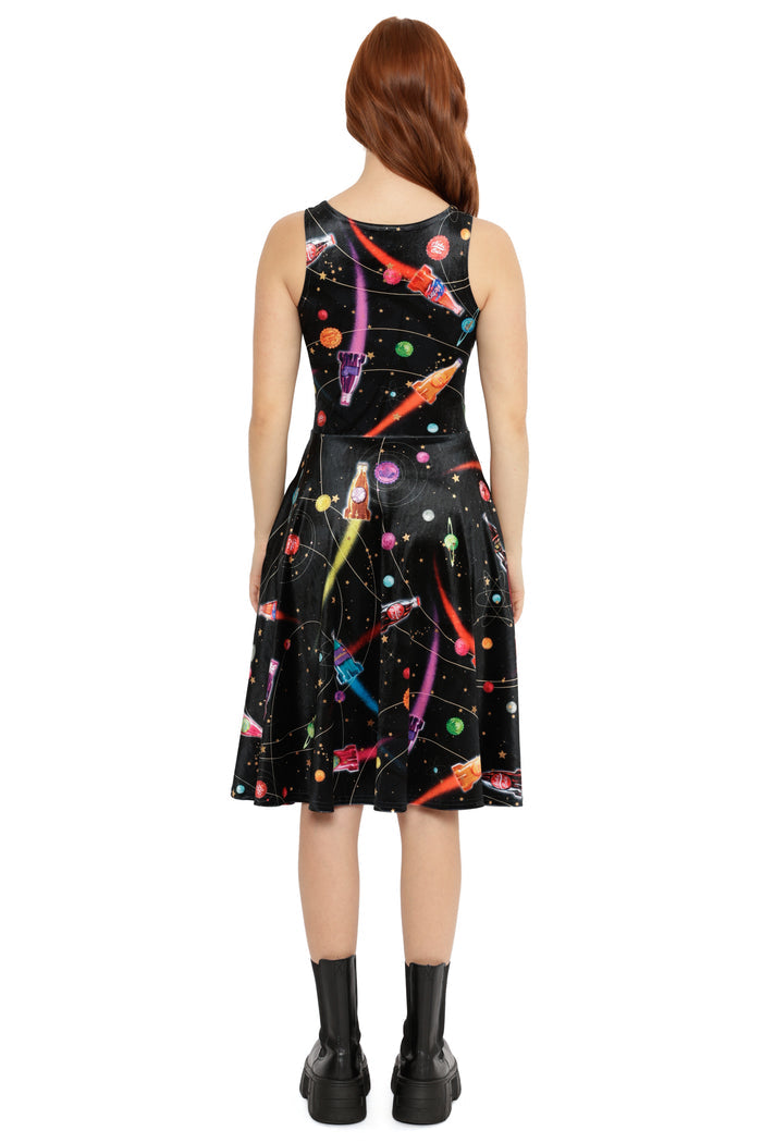 Model styled in Fallout x BlackMilk Nuka-Space Velvet Dress showcasing retro space-themed Fallout artwork.