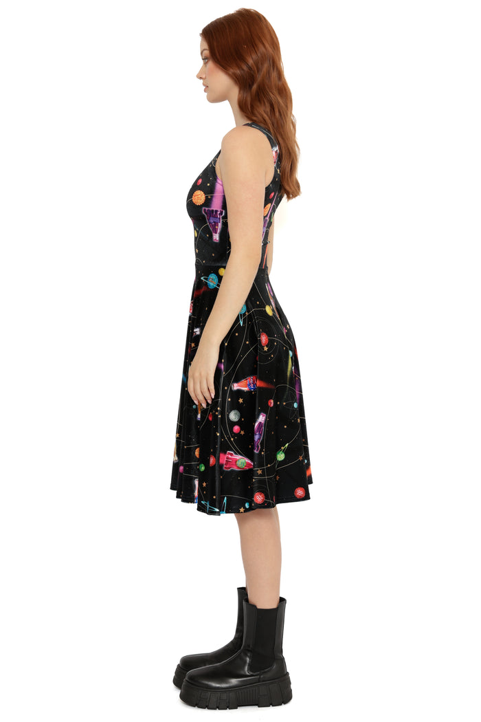 Fallout x BlackMilk Nuka-Space Midi Dress featuring cosmic galaxy design with Nuka-Cola bottles and orbit trails.