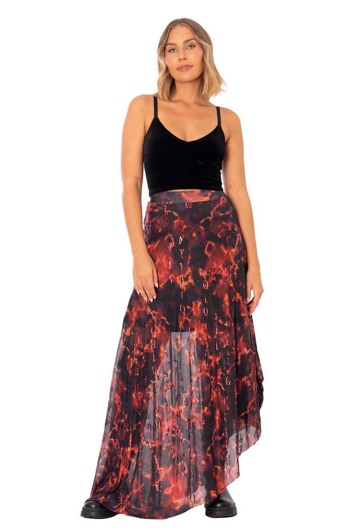 The Elder Scrolls Oblivion inspired maxi skirt with Daedric script print and fiery ember toned mesh fabric