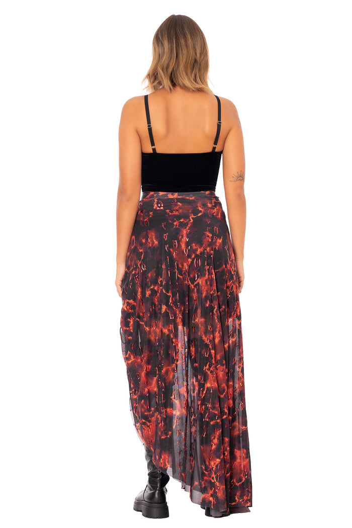 Elder Scrolls apparel maxi skirt with Oblivion gate inspired print, Daedric lettering and sheer mesh layers