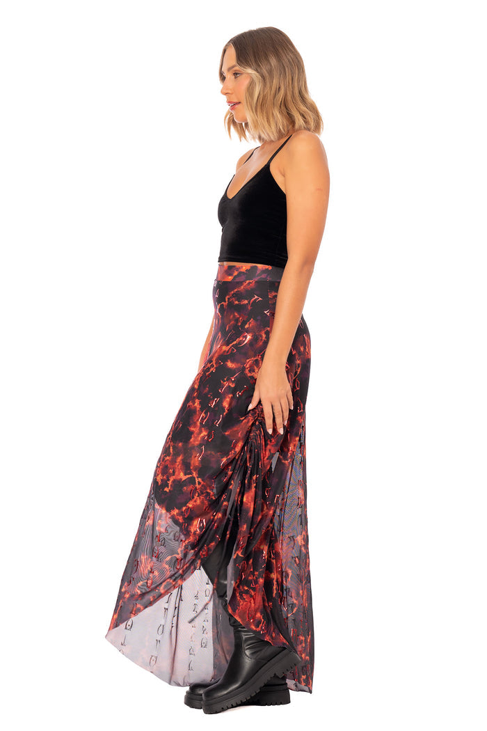 Elder Scrolls clothing maxi skirt inspired by Oblivion planes with fiery textures and Daedric script detailing