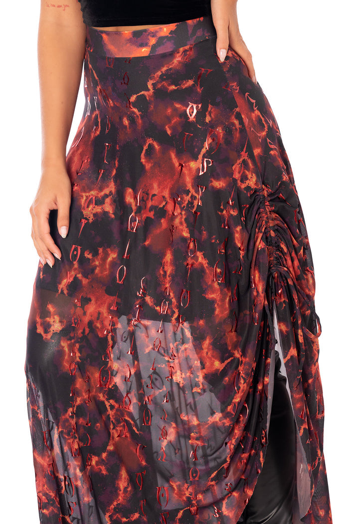 Elder Scrolls apparel skirt with Daedric script design, Oblivion inspired flames and adjustable ruched side