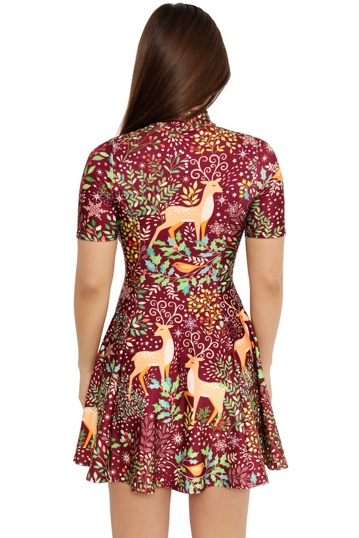 women’s holiday dress burgundy reindeer christmas pattern