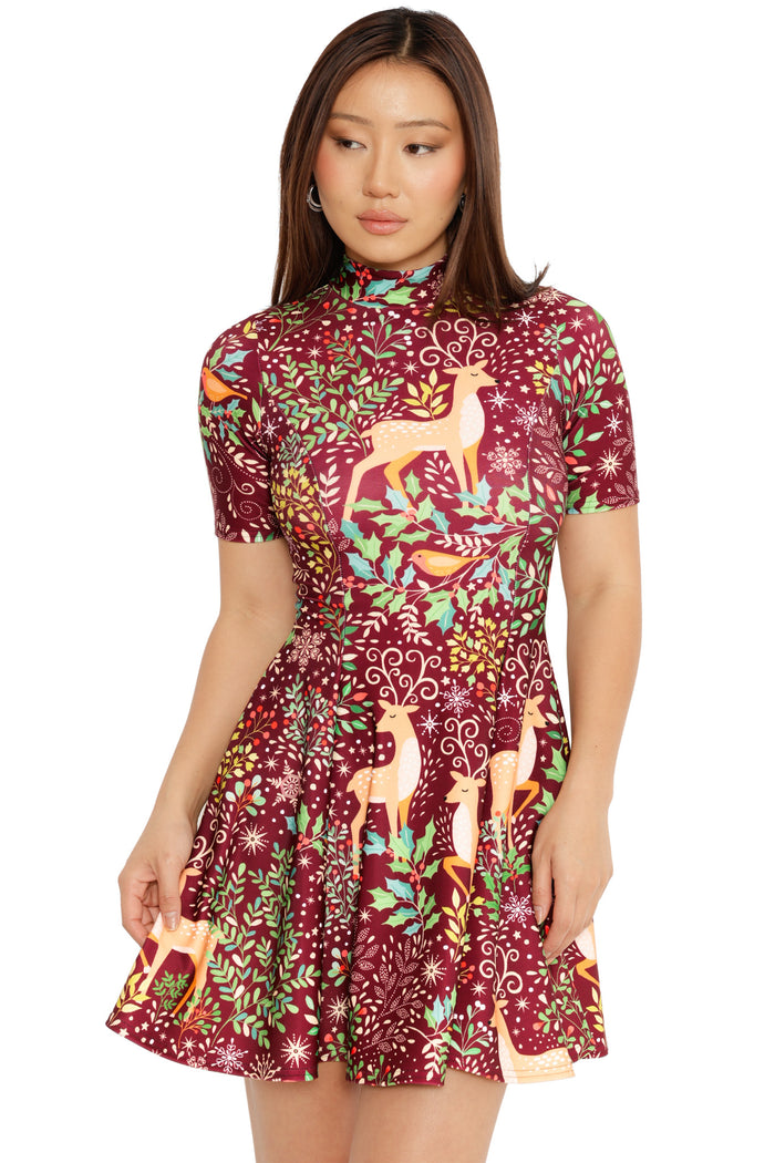 christmas party outfit idea red reindeer print skater dress