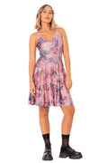 One Hundred Demons Longline Strappy Dress front full length view showing pink fit and flare dress with fine shoulder straps and detailed Japanese yokai inspired folklore print