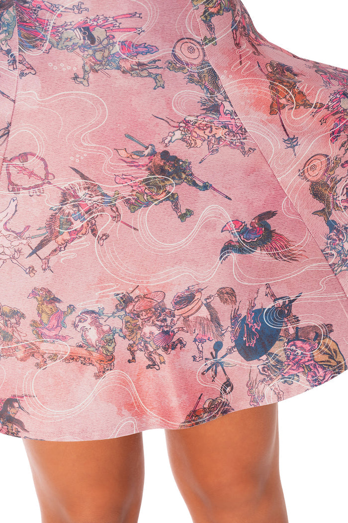 One Hundred Demons Mini Strappy Dress featuring pastel pink tones, detailed folklore print and lightweight strappy mini dress silhouette