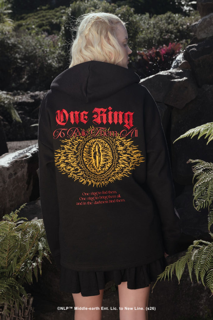 BlackMilk x The Lord of the Rings One Ring to Rule Them All Hoodie — gothic streetwear inspired by Sauron and Mordor, featuring the One Ring's Black Speech inscription embroidered in gold around the neckline of an oversized black hoodie.