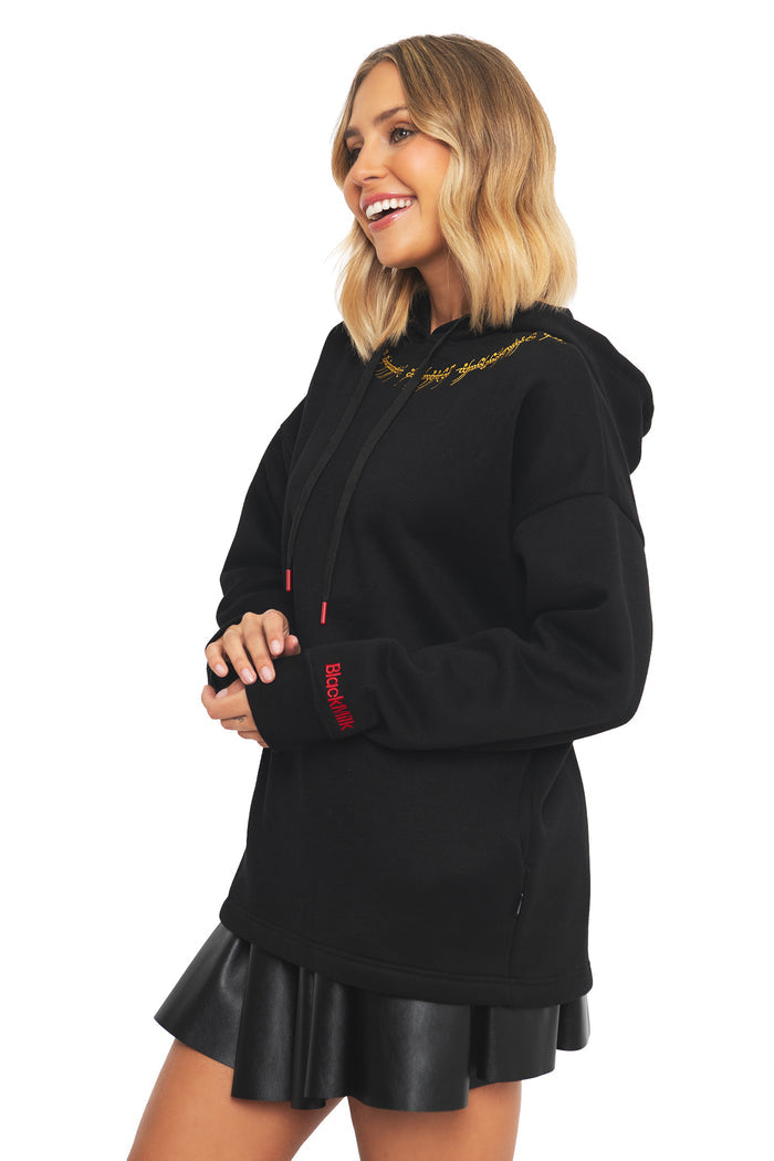Side profile of the One Ring to Rule Them All hoodie, a dark academia and gothic streetwear staple from BlackMilk's Lord of the Rings collection, showing the oversized drop-shoulder silhouette.