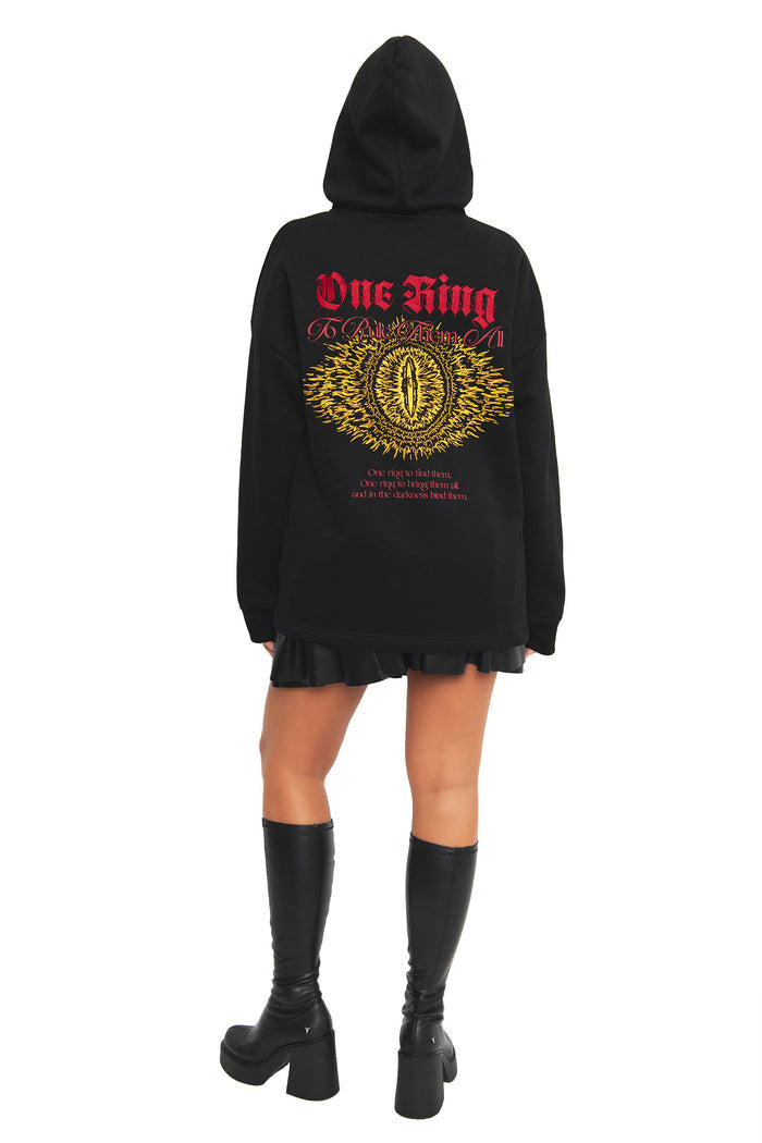 Back view of the One Ring to Rule Them All hoodie with the hood up, channeling Sauron and the darkness of Mordor in this oversized black Lord of the Rings gothic streetwear hoodie by BlackMilk.