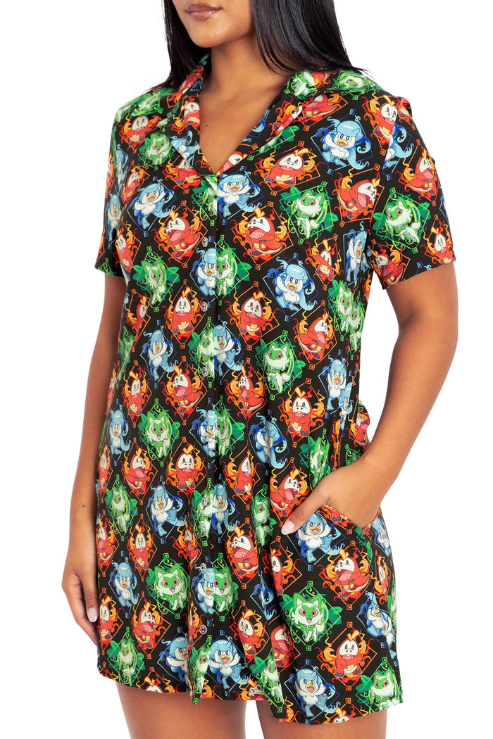 BlackMilk Clothing x Pokemon - Paldea First Partner Pokemon Short Sleeve Button Up Dress  - Pokémon Merchandise - Collaboration apparel - Licenced.