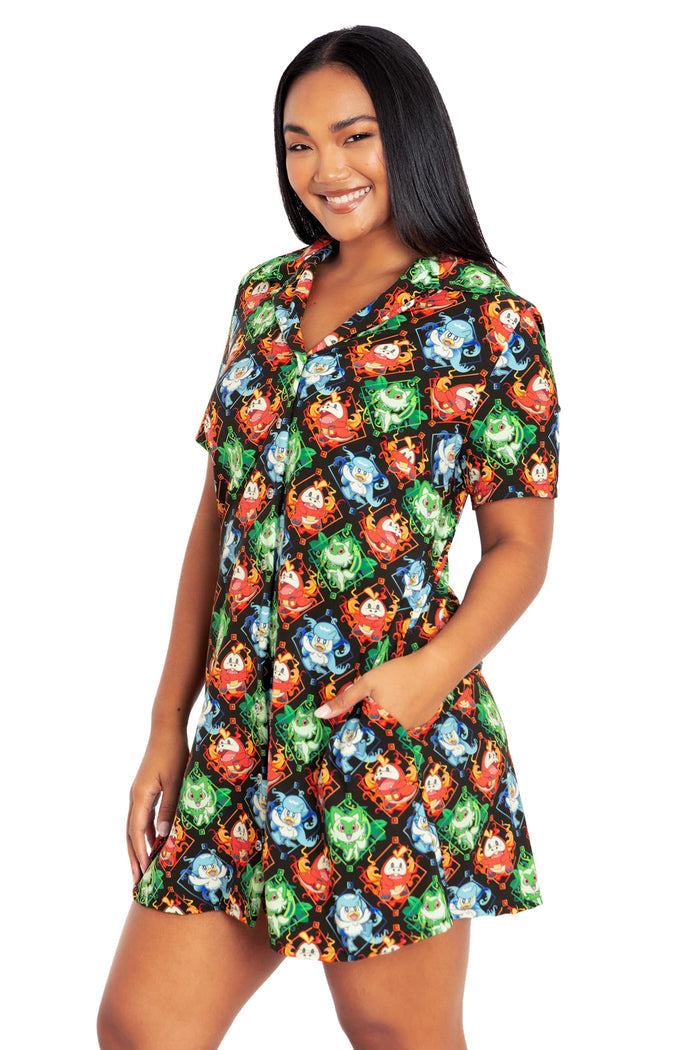 BlackMilk Clothing x Pokemon - Paldea First Partner Pokemon Short Sleeve Button Up Dress  - Pokémon Merchandise - Collaboration apparel - Licenced.