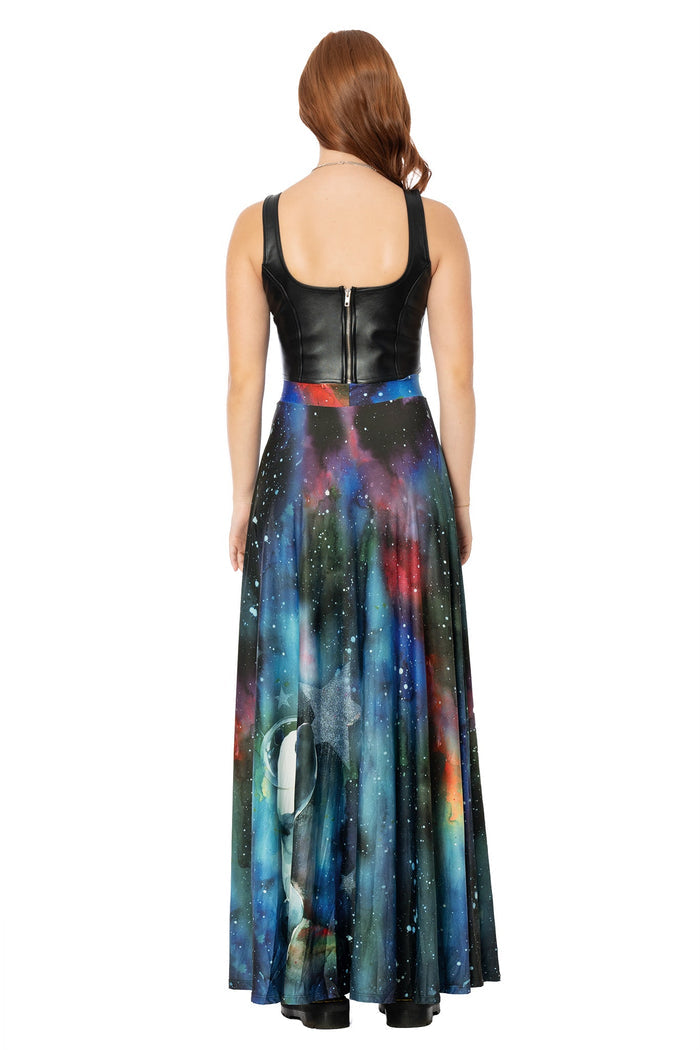 BlackMilk blue elegant maxi length skirt featuring Lora Zombie panda design - wearable art fashion