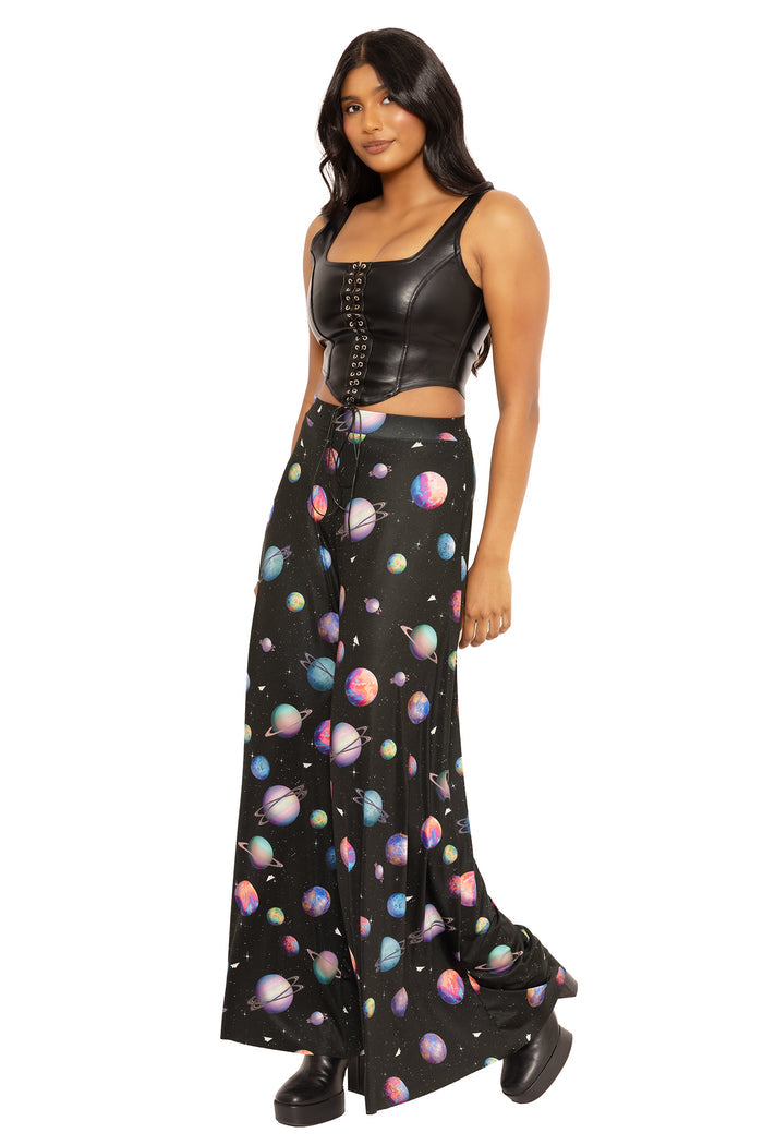 Flowing palazzo pants with Paper Universe design, ideal for office wear, resort fashion, creative workplaces and comfortable everyday outfits.