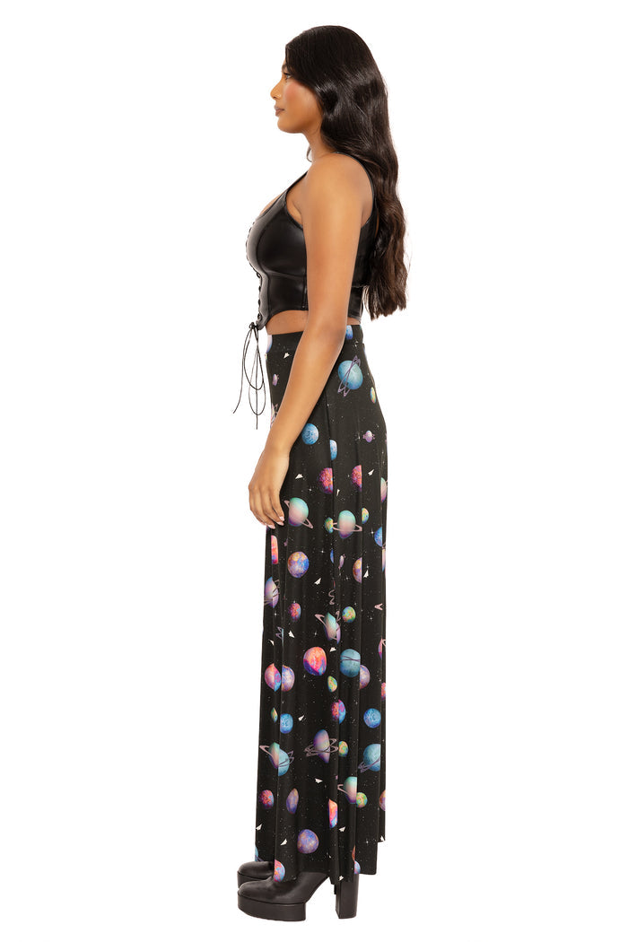 Women's wide-leg printed pants with Paper Universe artwork, designed for effortless comfort and polished styling with blouses, knitwear and fitted tops.