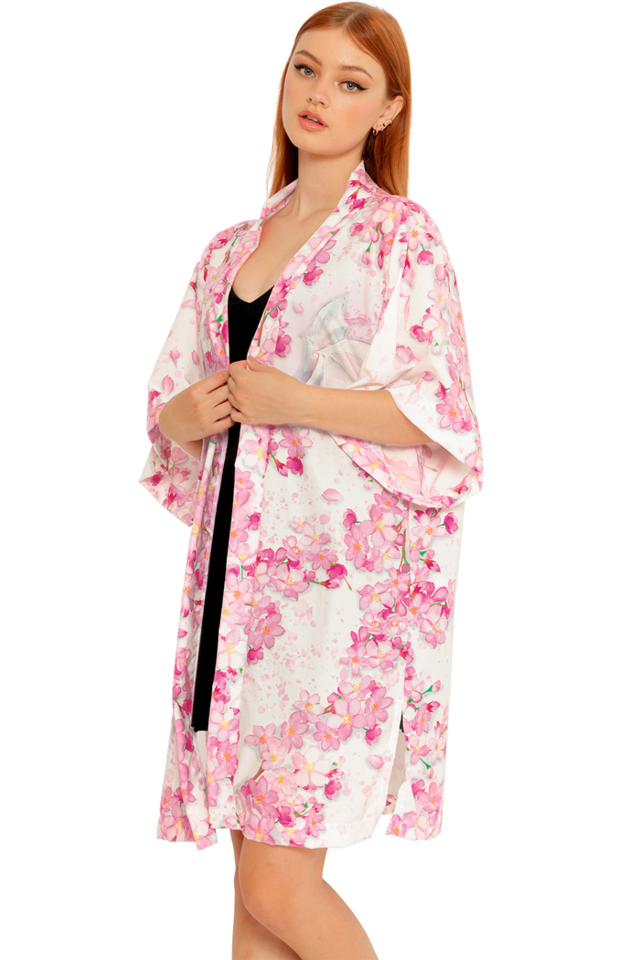 Silky robe from the Lora Zombie collection with an all-over sakura blossom print and delicate illustrated artwork.