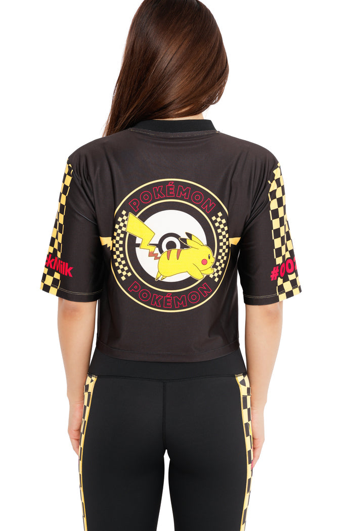 Pokémon Pikachu cropped Touchdown top featuring retro pixel lightning print, black sports jersey fabric and yellow checkerboard details