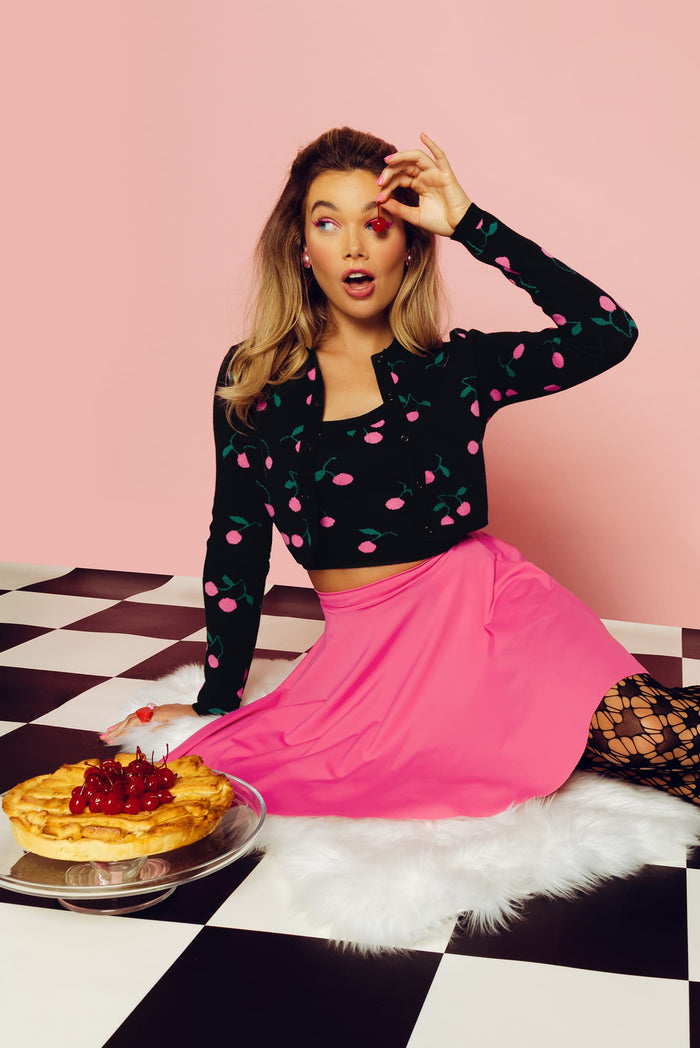 BlackMilk Clothing - Pink Cherries Fitted Knit Cardigan
