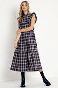 Plaid Ghost Frill Sleeve Midaxi Dress