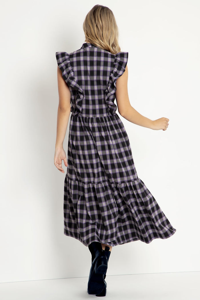 Plaid Ghost Frill Sleeve Midaxi Dress