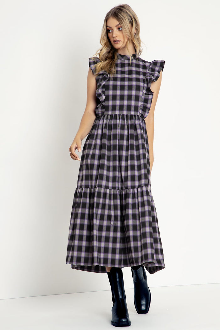Plaid Ghost Frill Sleeve Midaxi Dress